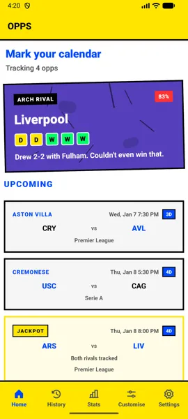 OPPS home screen showing upcoming matches and rival status